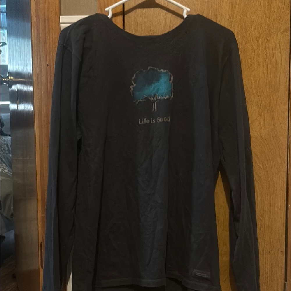 Life Is Good Black Shirt with Blue Tree Graphic